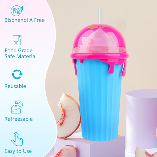 Slushy Maker -muki, DIY Purista Jäämuki 500 ml, 2 in 1 Pilli ja Lusikka, Maaginen Jäädytysmuki Jäämuki Jäädytettyjen Hedelmäsmoothieiden ja Pirtelöiden Valmistukseen