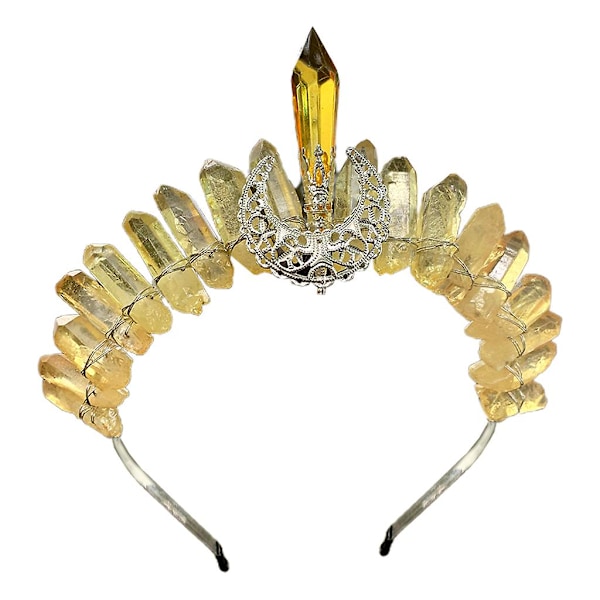 Boho Klar Rå Krystall Hodebånd Krone Med Hul Måne Tiara