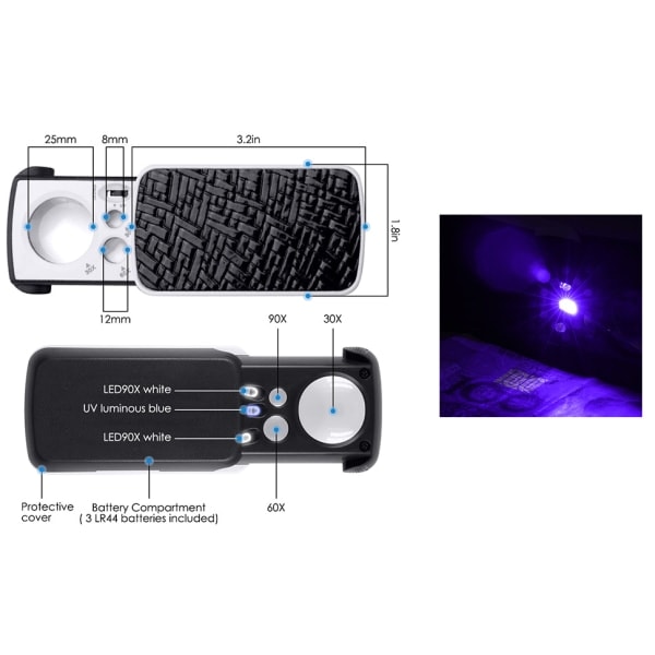Fickförstoringsglas med LED-lampa, 30X 60X 90X Litet förstoringsglas