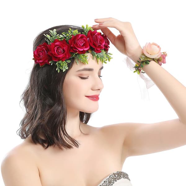 Jente Hårbøyle Boho Rose Blomsterkrone Bryllup Brudehodeplagg B
