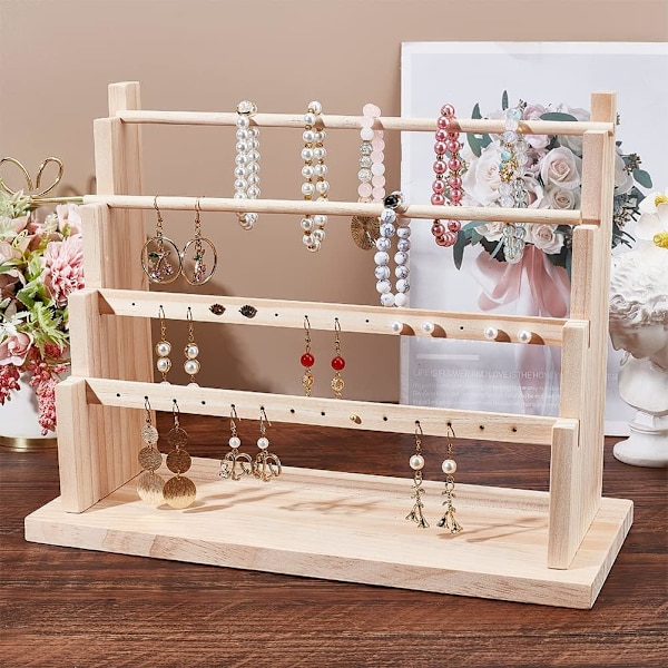 4-vånings örhänge display stativ i trä, 28 hål trä örhänge smycken display rack smycken arrangör hållare stigare för örhänge halsband armband nyckelring