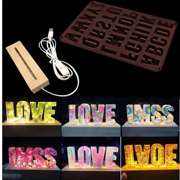 Alfabet Epoxy Resin Form Med LED Lys Display Base Engelsk Le