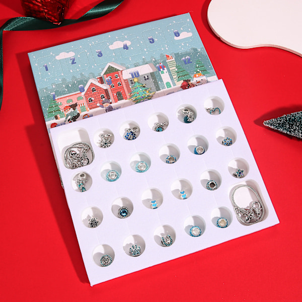 24 stk. Julekalender, DIY Julearmbåndssæt 24 Dages Nedtællings Charm Smykker Blind Box Julepynt til Børn Blå Blue