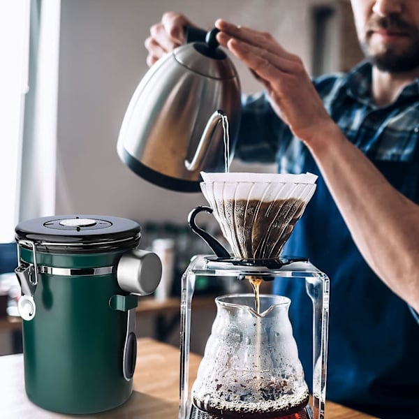 Kaffedåse, 1,8L Lufttæt Rustfri Stål Krukke med Ske, Madopbevaringsboks, Vakuumforseglet Gummi Green
