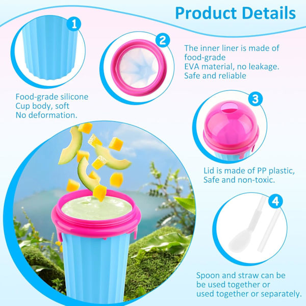 Slushy Maker Kop, DIY Klem Isterning Kop 500 ml, 2 i 1 Sugerør og Ske, Magisk Fryse Kop Iskop til Fremstilling af Frosne Frugt Smoothies og Milkshakes