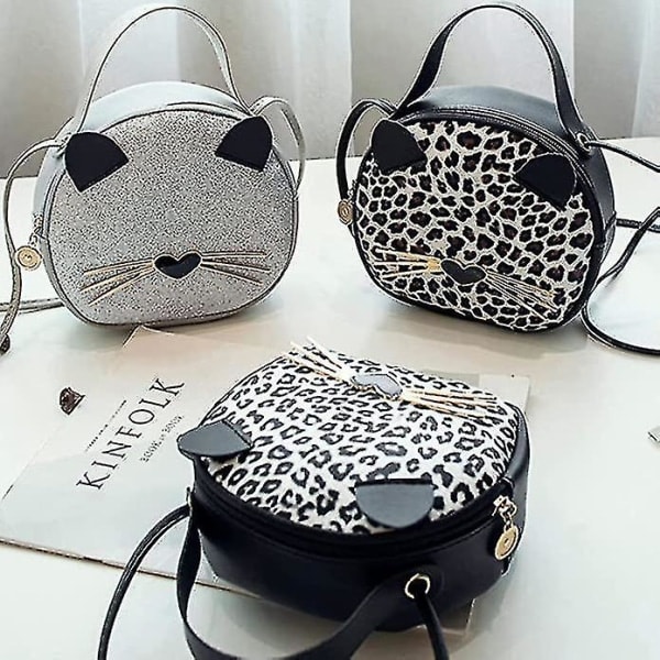 Mini Leopard Skuldertaske Crossbody Taske Pung Sød Kat Taske Rund Møntplade (Sort Leopard Print) Sort Black