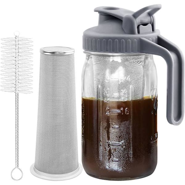 32 oz tjock glasburk Mason Jar piplock med handtag och rostfritt stålfilter för isbryggkaffe, islemonad, solte, fruktjuicebehållare 32oz
