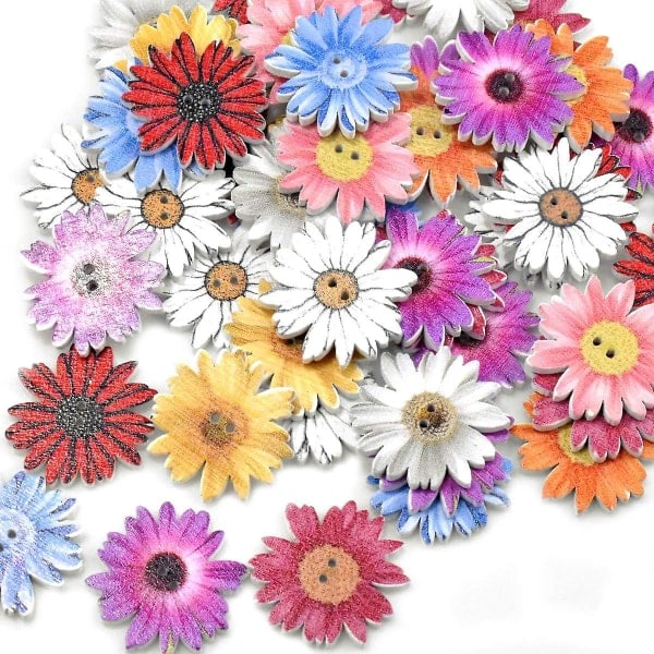 50 Knapper 25mm Tusindfryd Træ Blomst Træknapper Blandet Tilfældig Mode Syning Scrapbog Dekoration DIY Håndværk Tilbehør