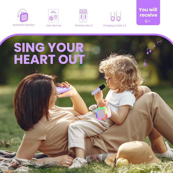 Karaoke Maskine til Børn og Voksne, Bærbar Bluetooth Mini Karaoke Mikrofon Syngende Højttaler med 2 Mikrofoner og Lys, Legetøj Purple