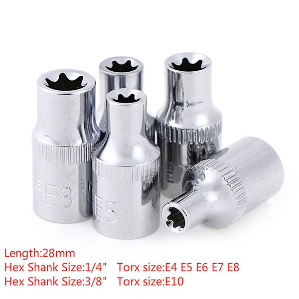 5 stk. 1/4 tomme Torx stjernebits hunn sokkelsett E4, e5, E6, e7, E8 St