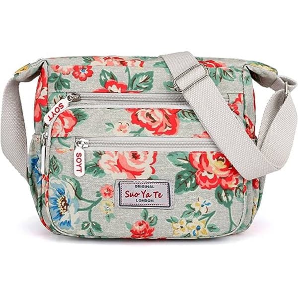 Multi-Pocket Casual Crossbody Handväskor för Kvinnor Vattentäta Axelväskor i Nylon (Blommig-Grå)