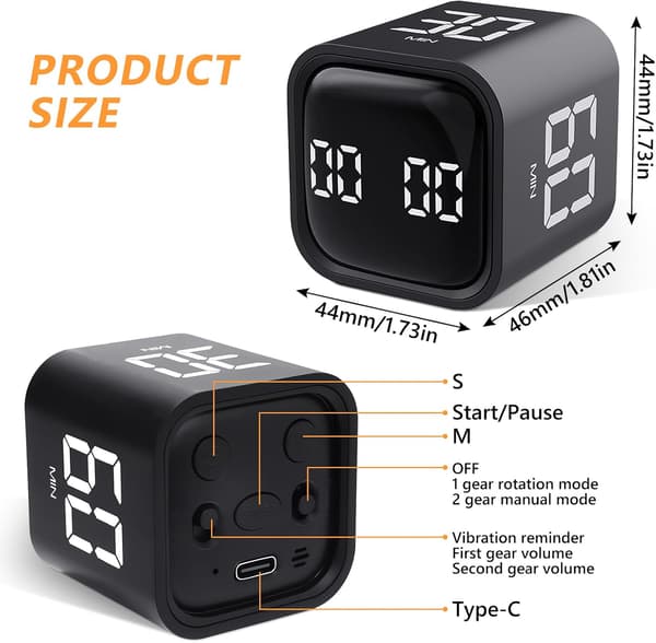 Kube Timer, Roterende Pomodoro Timer, 5/10/30/60 Minutter og Egendefinert Nedtelling, Digital Timer med Vibrasjon black