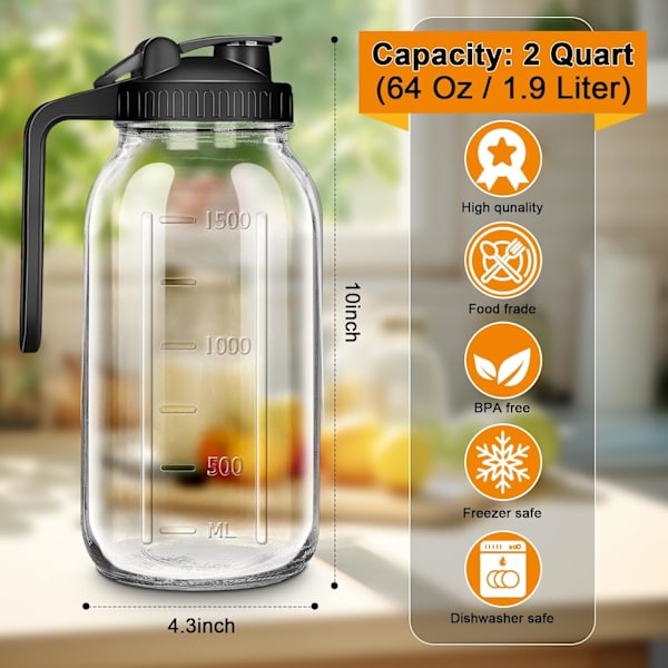 64 oz glas vandflaske med låg, bredmundet glasflaske til modermælk, glas vandflaske, solskin tekande, koldbrygget kaffekande, køleskabsvand, juice