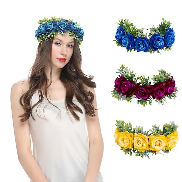 Jente Hårbøyle Boho Rose Blomsterkrone Bryllup Brudehodeplagg B