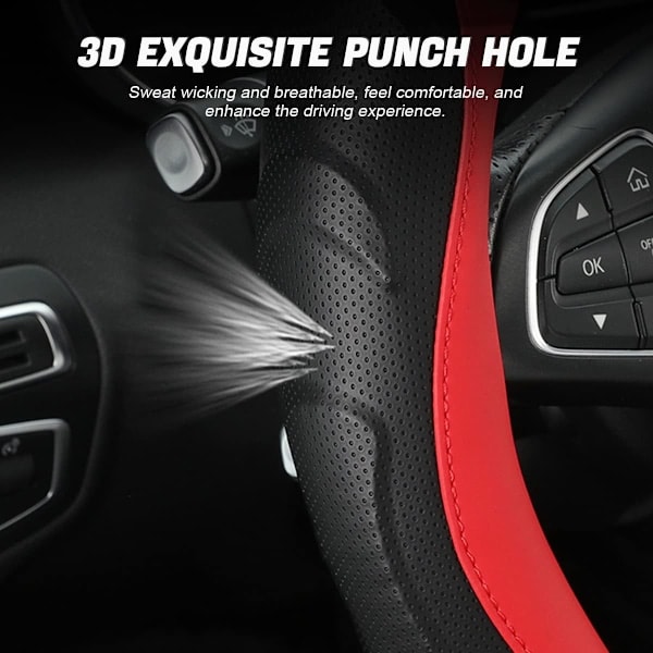 Rattmuff i Läder, Bilrattsskydd med Stretch, Universal 15 Tum Halkfri Andningsbar Luktfri Ratt Svart/Röd Black/Red