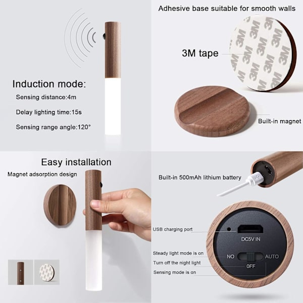 Trådløs LED Væglampe Træ Batteri Væglampe Indendørs Bevægelsessensor Batteridrevet USB Genopladelig Magnetisk, Varm Hvid [Energiklasse E] Walnut