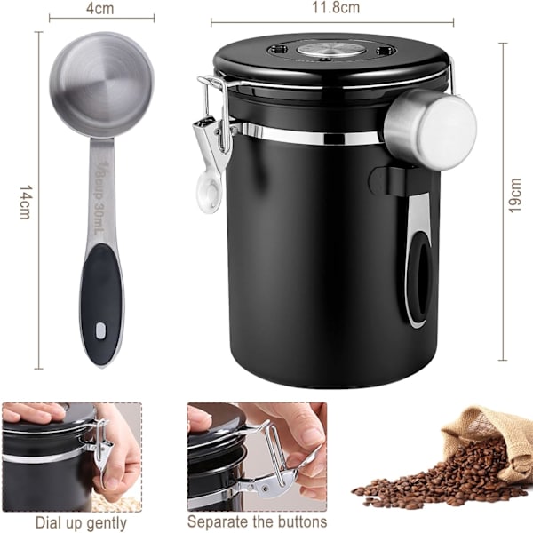 Kaffedåse, 1,8L Lufttæt Rustfri Stål Krukke med Ske, Madopbevaringsboks, Vakuumforseglet Gummi Black