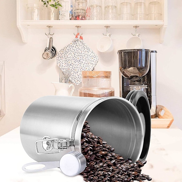 Kaffedåse, 1,8L Lufttæt Rustfri Stål Krukke med Ske, Madopbevaringsboks, Vakuumforseglet Gummi Silver