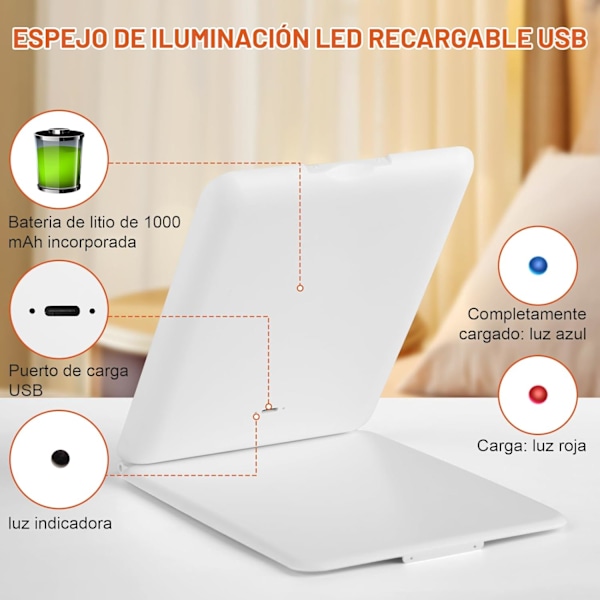 Resespegel med 56 LED-lampor, USB-laddningsbar, 3-färgsbelysning, med 10x förstoring, bärbar, ultratunn With 10x magnifying glass