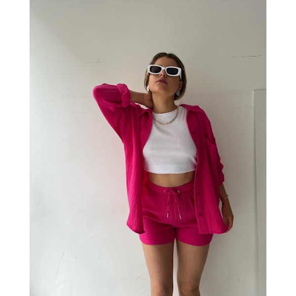 Crinkle Collar Langermet Skjorte med Høy Midje og Snøring Shorts Mote Casual Todelt Sett Dame Rose S