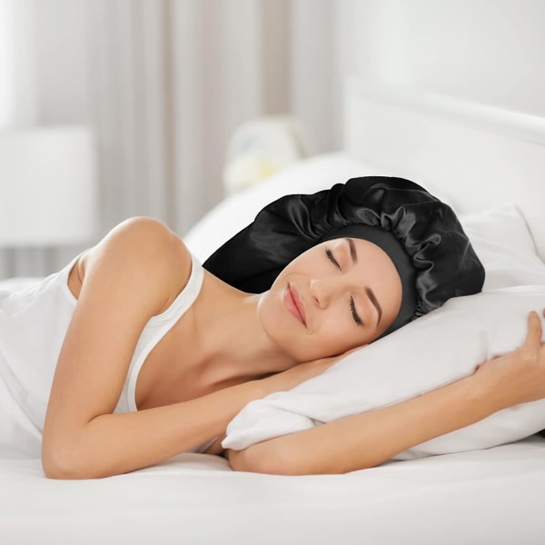 Gemdeck Women Long Satin Sleep Bonnet - 3 Pack Band Silky Cap Black