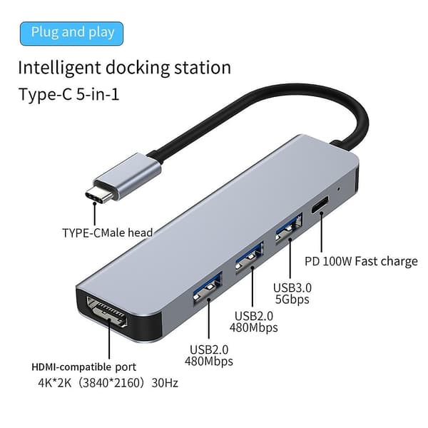 Usb C Dockingstation, 5-i-1 Typ C Hub, Med -kompatibel, Pd10