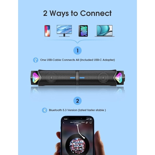 Datorhögtalare, Dynamisk RGB Bluetooth Soundbar, Dubbel Hi-Fi Stereo Sound Bar och Gradient RGB-belysning för Laptop, USB-drivna högtalare