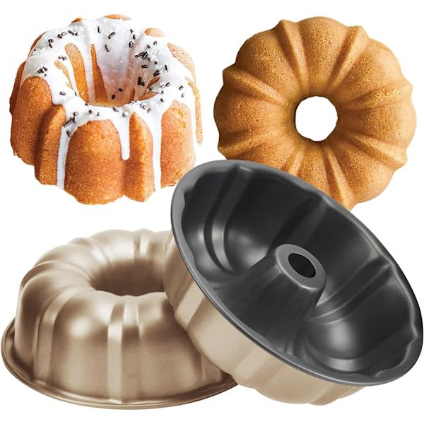 Pakke Bundt Kageform Nonstick - 25 cm Fluted Tube Kageforme til bagning, 12 Kopper Kraftig Kulstofstål Tube Form Bageform. (guld) gold