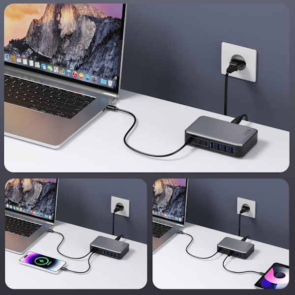 200W USB C-lader, hurtiglader med GaN III-teknologi, 8 porter PD QC PPS multippel kontakt, 65W laptop-laderadapter kompatibel