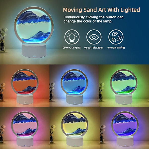Rörlig sandkonst flytande rörelse, med ljus (7 färger/touch-kontroll), rund glasflödesmålning, skrivbordsdekoration av kvicksand (blå sand) Blue Sand