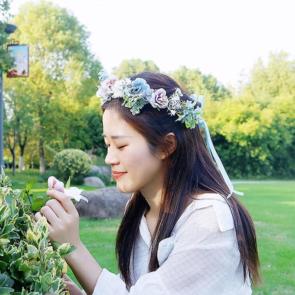 Bloomy Kvinner Blå Blomsterkrone Hårkrans Blad Blomsterhårbøyle