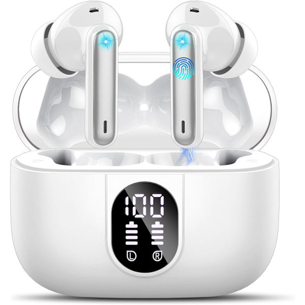 Trådløse Bluetooth-hodetelefoner, 40 timer berøringskontroll trådløse hodetelefoner, IP7 vanntette in-ear hodetelefoner, hvit