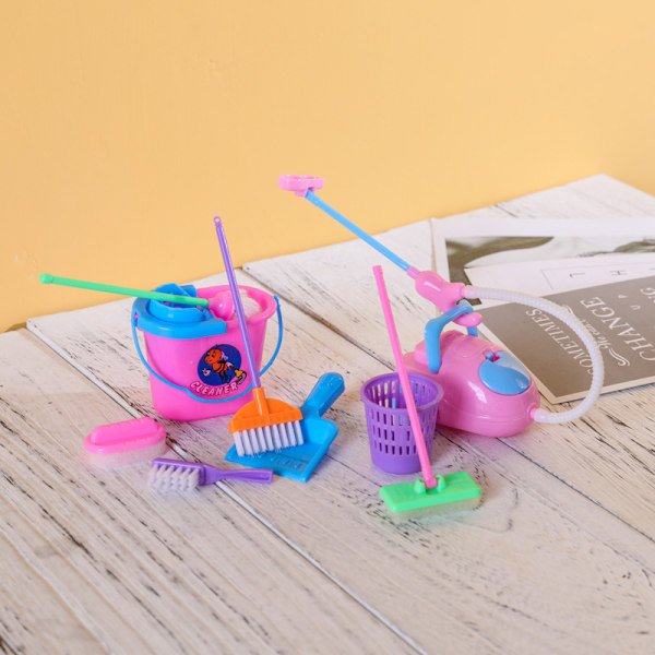 Miniatyr Mopp Sopskyffel, Borste, Kvast, Plast Hink Docka Hushållsarbete Rengöringsartiklar Verktygsset Dockskåpsmöbler