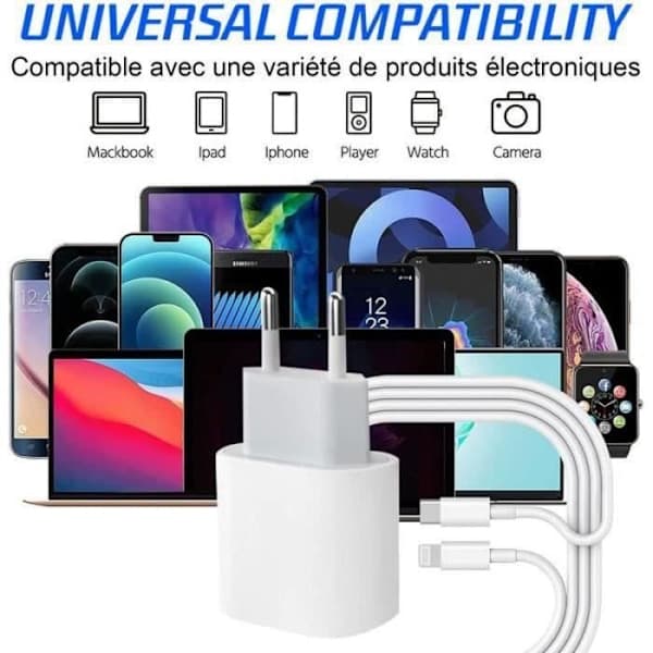 20W Hvid Hurtigoplader - USB C til Lightning - 2m Længde - Opladerblok + Kabel - Kompatibel med iPhone/iPad