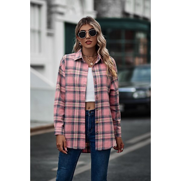 Rutete Langermet Skjorte Dame Knapper Ullblanding Tynn Jakke Casual Bluse Topper med Lomme Rosa