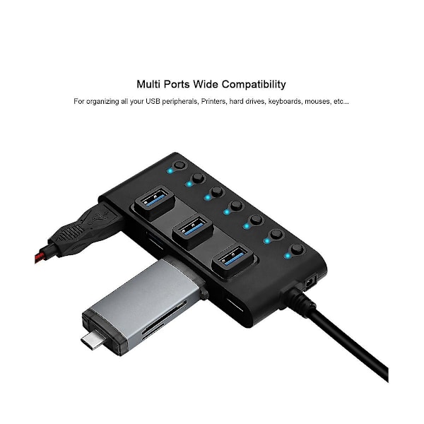 7 Portars Usb3.0 Hub Adapter Portabel Usb Hub Splitter Med Strömbrytare