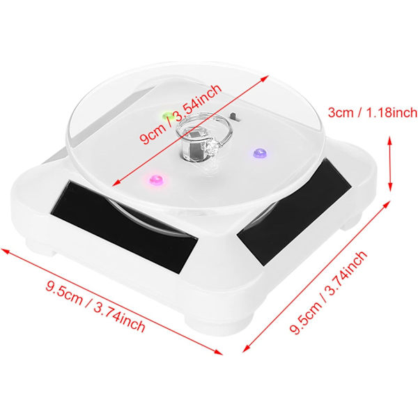 Solar Display Stand Dreieskive, 360 Graders Roterende Stativ Hylle Utstillingsvindu med LED-lys for Smykker Klokke Hobby Samling White