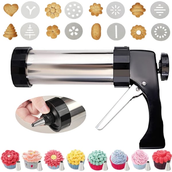 Cookiepresse i rustfrit stål, sprøjtepistol, cookiesæt med 8 cookieplader og 8 dyser til jul, fødselsdag, gør-det-selv cookie maker