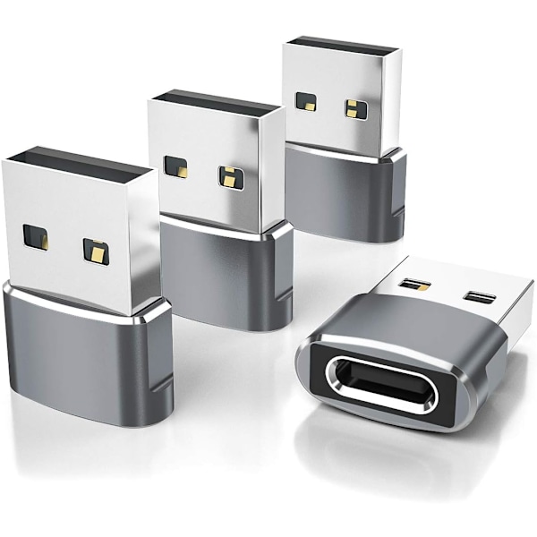 USB till USB-C Adapter 4-pack, Typ C Hona till A Hane Laddningskabelkonverterare för Apple iWatch 8 7, Mac, iPhone 12 13 14 15 Max Pro, Airpods Grey 4-pack
