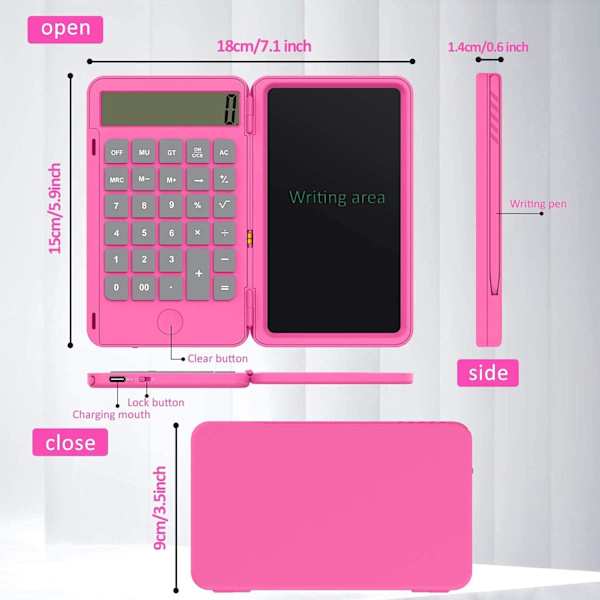 Enkel Kalkulator og LCD Skrivebrett 6.5 Tommer Kalkuler og Ta Notater (Rosa) pink