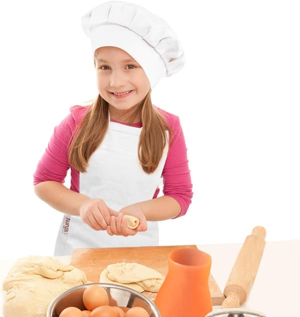 Forkle og kokkehattsett for barn - Justerbart barneforkle for gutter og jenter til matlaging og baking - Hvit