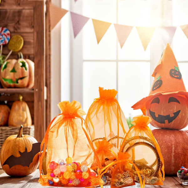 100 stk. Orange Organzaposer 10x15 cm, Bryllupsgaveposer med snøre Mesh Smykkeposer Halloween Slikposer
