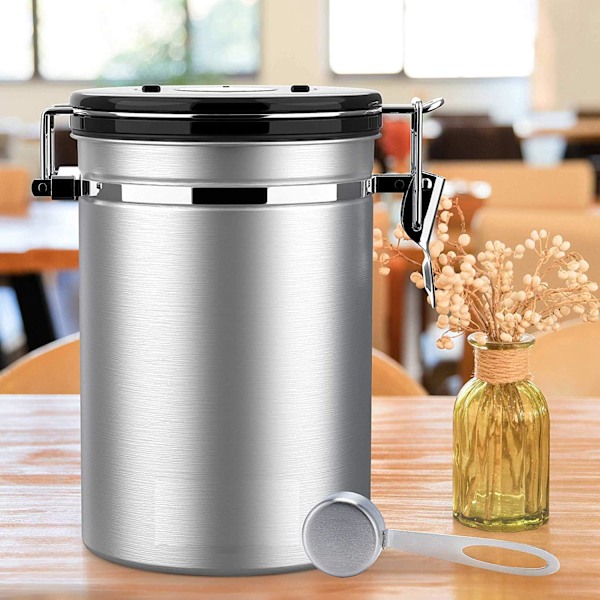 Kaffeboks, 1,8L Lufttett Rustfritt Stål Krukke med Skje, Matlagringsboks, Vakuumforseglet Gummi Silver