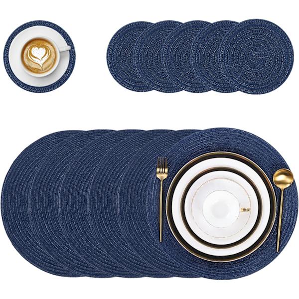 15\" Rund Vävda Dukunderlägg, Halkskyddande Isolering Vävda Bomullsduksunderlägg, Tvättbara (Set om 6) Azul Marino 6pc placemats and 6pc coasters
