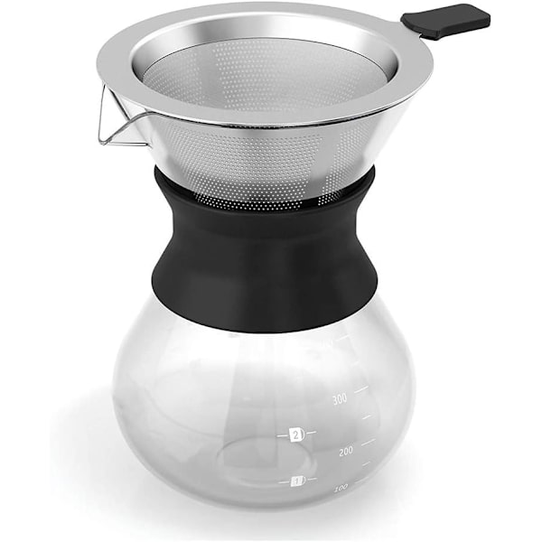 Häll över kaffeset med återanvändbart droppfilter i rostfritt stål, elegant kaffebryggare, glaskaraff och permanent filter i rostfritt stål