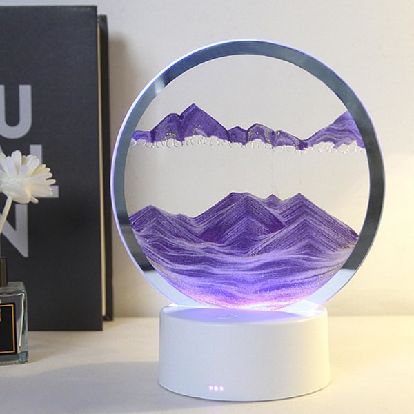 Liikkuva hiekkataide nestemäinen liike, valolla (7 väriä/kosketusohjaus), pyöreä lasinen virtaava hiekkamaalaus, työpöydän elävä hiekka sisustus (violetti hiekka) Purple Sand