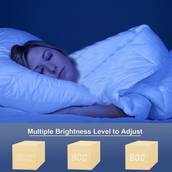 Digital väckarklocka, med elektronisk LED-tidsvisning i trä, Dual Plus-larm, 2,5-tums kubisk liten mini trägjorda elektriska klockor för sovrummet