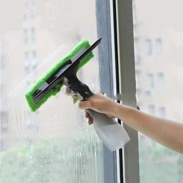 3-i-1 Spray Skrape Børste Vannspray Vindusrengjøring Glasskrape Tørker Mikrofiberklutsett grønn