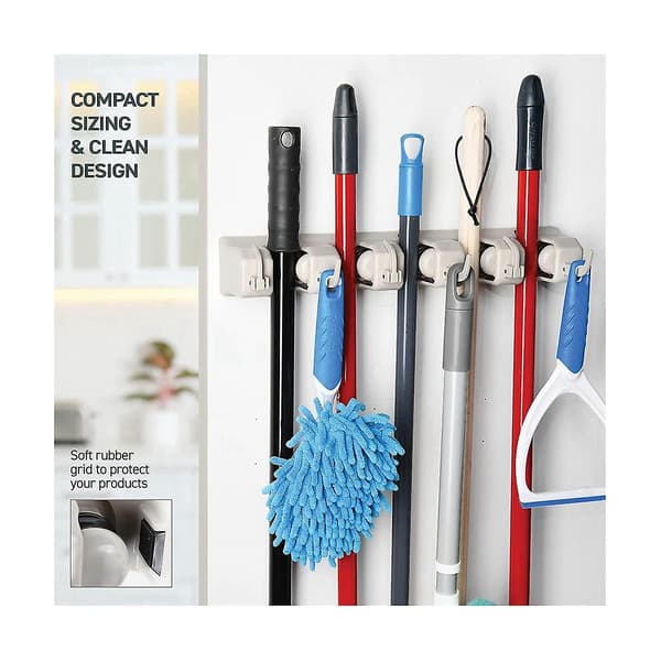 Moppe- og kosteholder - Garageopbevaringssystem med 5 rum, 6 kroge