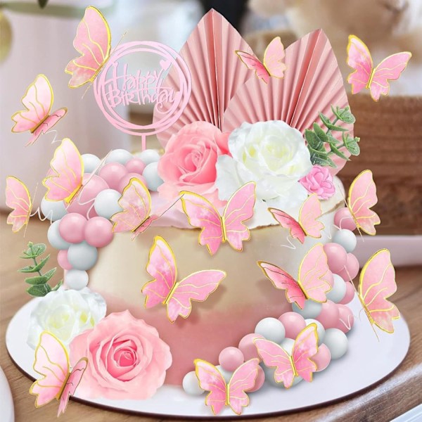 Kakedekorasjoner svart gull bursdagskakedekorasjoner med kunstige palmeblader og kuler baking dessert dekorasjon tilbehør (rosa)